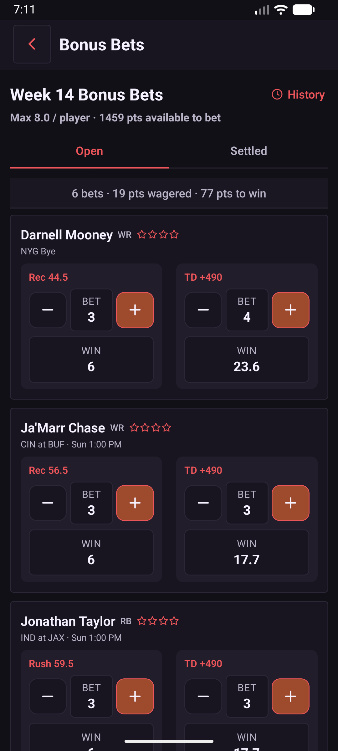 Wovan bonus bets screen with player props and points to win