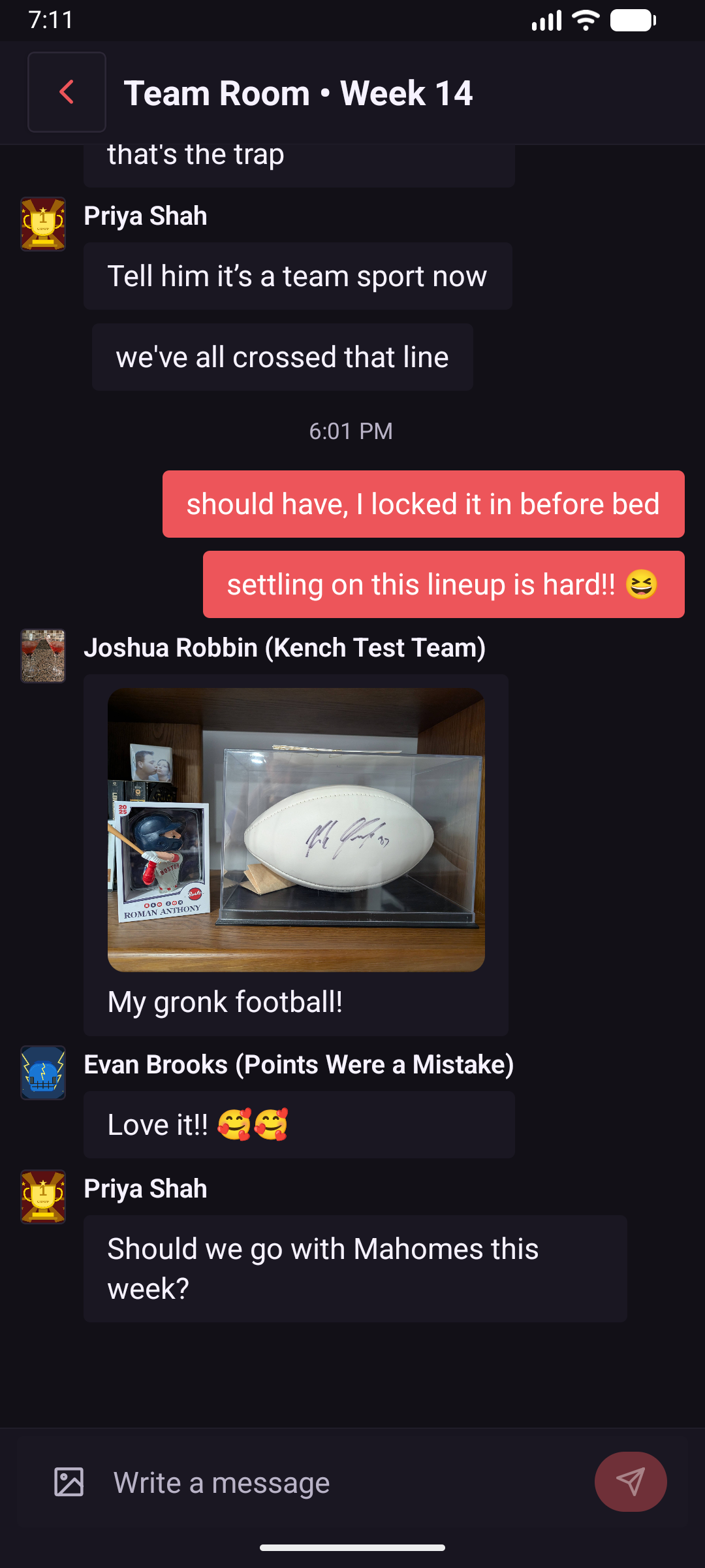 Wovan team room chat with messages and reactions between teammates