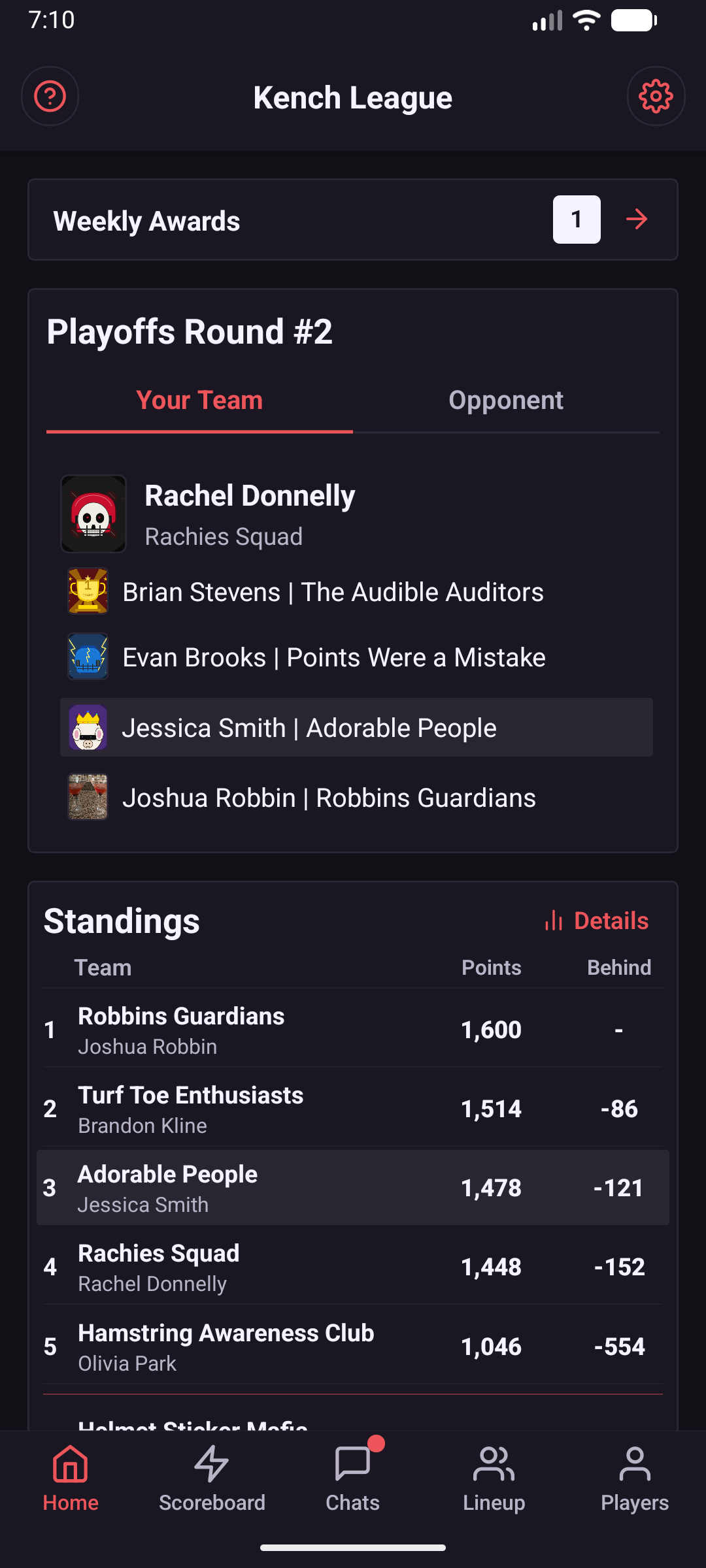 Wovan home screen with playoffs, weekly awards, and league standings